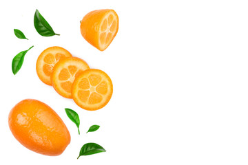 Cumquat or kumquat with slices isolated on white background with copy space for your text. Top view. Flat lay