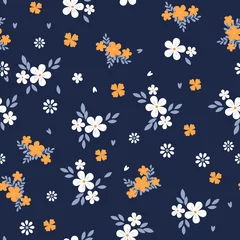 Wallpaper murals Small flowers Vintage floral background. Seamless vector pattern for design and fashion prints. Flowers pattern with small white and yellow flowers on a dark blue background. Ditsy style