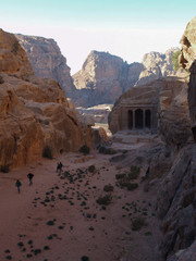 Petra; Raqmu - historic ruins of the ancient, rock city of the Nabatean Arabians. It is located in southwestern Jordan. It is also known as the rose-red city. UNESCO World Heritage list.