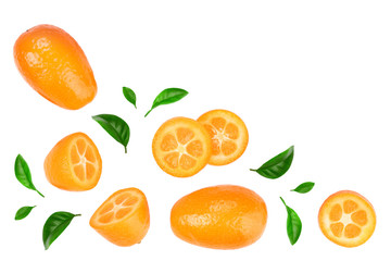 Cumquat or kumquat with slices isolated on white background with copy space for your text. Top view. Flat lay