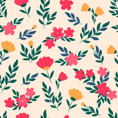 Vector floral pattern in doodle style with flowers and leaves. Gentle colors, spring floral background. Can be used for wallpaper, pattern fills, surface textures, fabric prints