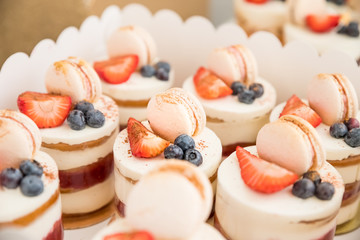 Cake with various berries and meringues on a stand.cakes, dessert with berries, candy bar for party. wedding or happy birthday.Delicious sweets on candy buffet. Lot of colorful desserts on table