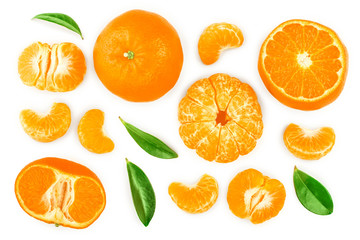 tangerine or mandarin with leaves isolated on white background. Top view. Flat lay