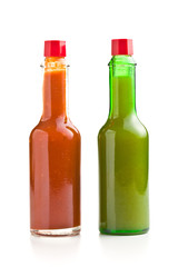 Tabasco hot sauce bottle. Red and green sauce.