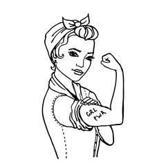 We Can Do It. Womens symbol of female power and industry. Doodle cartoon woman with grl pwr tattoo. isolated on white background - 260360490