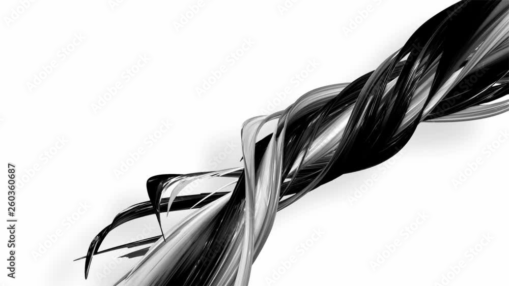 Poster 3d looped animation of abstract black-white ribbons twisting and move around with glitter in the lig