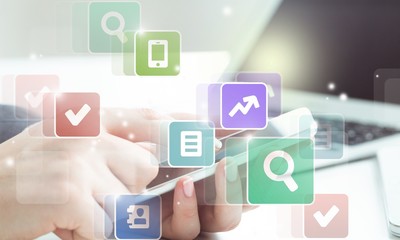 Hands holding smartphone  on background