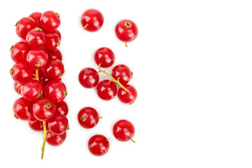 Red currant berry isolated on white background with copy space for your text. Top view. Flat lay pattern