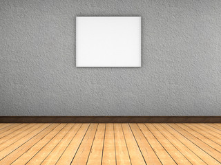 Empty room with wooden floor, gray wall and empty picture canvas. 3D rendering.