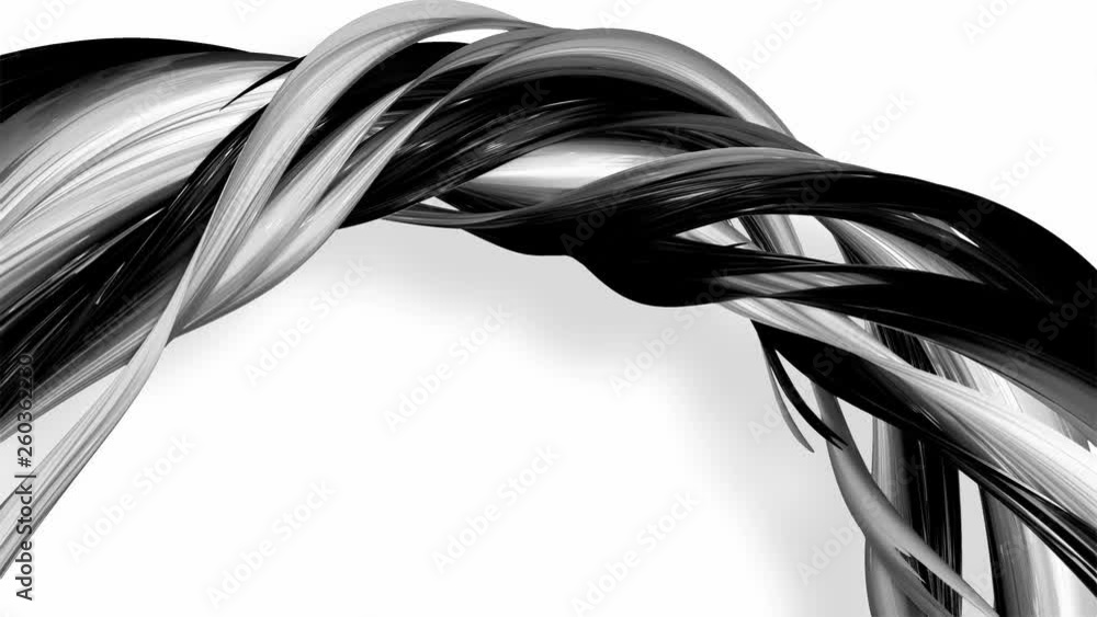 Poster 3d looped animation of abstract black-white ribbons twisting and move around with glitter in the lig