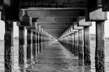 Sea view under the pier at low tide, black and white