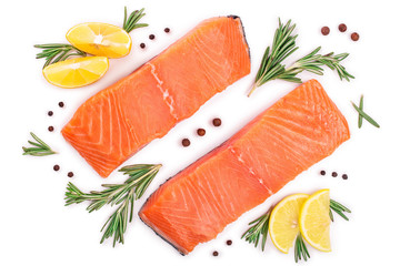 fillet of red fish salmon with lemon and rosemary isolated on white background. Top view. Flat lay