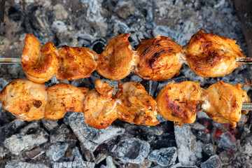 Grilling shashlik on barbecue grill