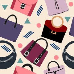 Fototapeta na wymiar Seamless pattern with stylish women bags made in flat style. Vector illustration.