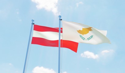 Austria and Cyprus, two flags waving against blue sky. 3d image
