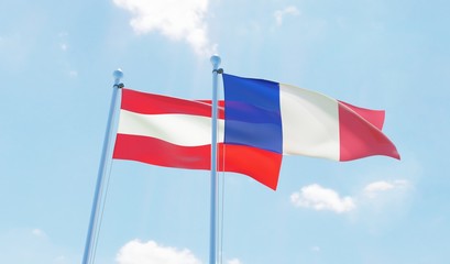 Fototapeta na wymiar Austria and France, two flags waving against blue sky. 3d image