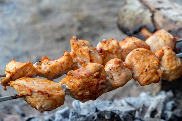 Grilling shashlik on barbecue grill