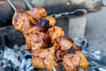 Grilling shashlik on barbecue grill