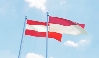 Fototapeta na wymiar Austria and Indonesia, two flags waving against blue sky. 3d image