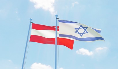 Austria and Israel, two flags waving against blue sky. 3d image