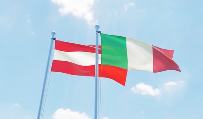 Austria and Italy, two flags waving against blue sky. 3d image