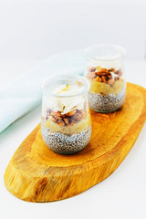 Chia pudding with coconut, banana and wheat in a glass. Healthy superfood for breakfast.