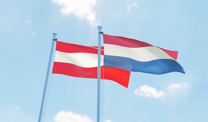Austria and Netherlands, two flags waving against blue sky. 3d image
