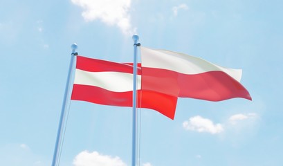 Austria and Poland, two flags waving against blue sky. 3d image