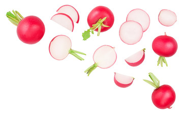 fresh whole and sliced radishes isolated on white background with copy space for your text. Top view