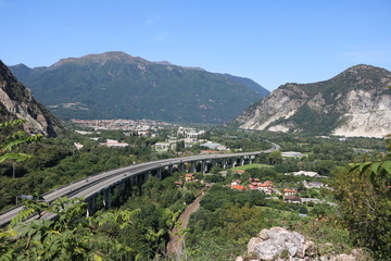 View from Medieval Torraccia of Feriolo of Baveno to European Route E 62 between Feriolo and Gravellona Toce, Italy