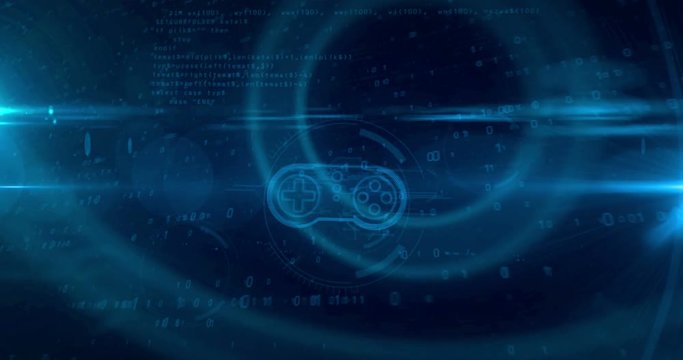 Retro gamepad controller hologram on digital background. Gaming, play, pad, 5G device and online game abstract concept. Tunnel style loopable and seamless 3D animation.