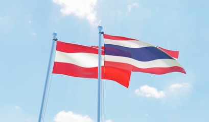 Austria and Thailand, two flags waving against blue sky. 3d image