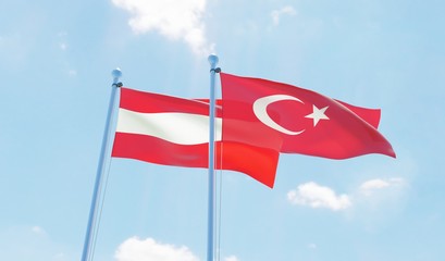 Austria and Turkey, two flags waving against blue sky. 3d image