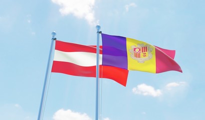 Austria and Andorra, two flags waving against blue sky. 3d image