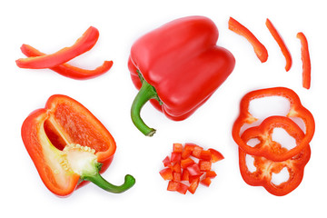 red sweet bell pepper isolated on white background. Top view. Flat lay