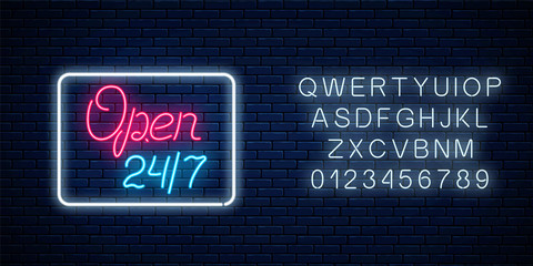 Neon open 24 hours 7 days sign in geometric shape with alphabet. Round the clock store signboard with lettering.