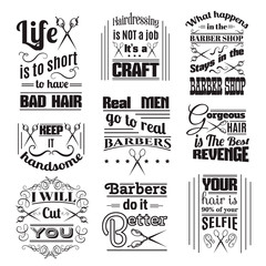 Fototapeta na wymiar Quote typographical background about hair and barber with illustration of vintage scissors. Vector template for poster business card banner and t-shirt