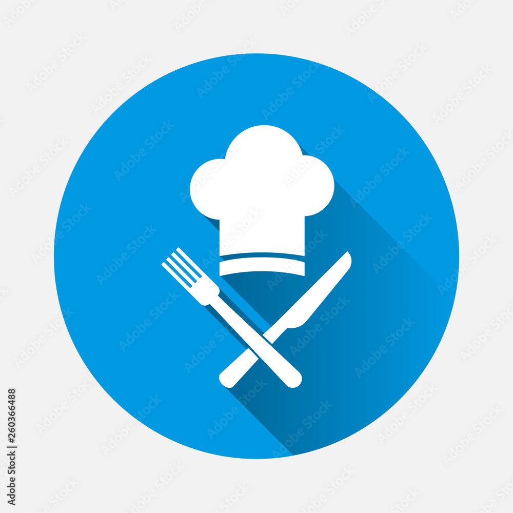 Poster chef hat with cross knife and fork vector icon. cap chef cooking on a blue background a flat image w