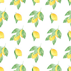 Watercolor handmade seamless pattern with yellow lemon fruit slices.