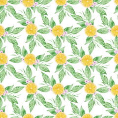 Watercolor handmade seamless pattern with yellow lemon fruit slices.