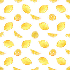 Watercolor handmade seamless pattern with yellow lemon fruit slices.