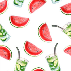 bright summer watercolor pattern of watermelon and mojito cocktails