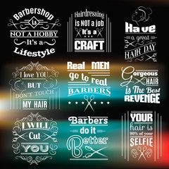 Quote typographical background about hair and barber with illustration of vintage scissors. Vector template for poster business card banner and t-shirt