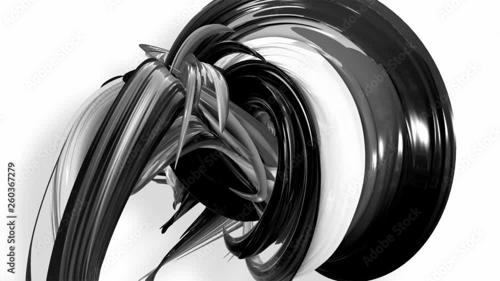 Poster 3d looped animation of abstract black-white ribbons twisting and move around with glitter in the lig