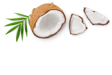 coconut with leaves isolated on white background with copy space for your text. Top view. Flat lay