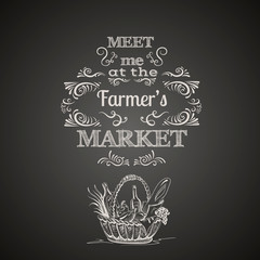 Illustration of basket with organic food  made in line hand drawn vector style. Template for poster business card and banner. Quote typographical background