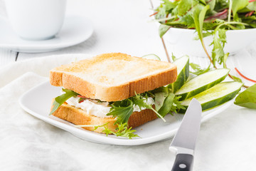 Sandwich with fresh lettuce,basil and cream cheese