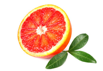 Slice of red blood orange with leaf isolated on white background