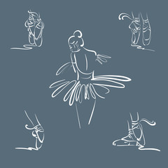 Vector illustration of woman pointe shoes and back of ballerina made in line hand drawn style isolated. Vector template for business card and banner © varvarabasheva