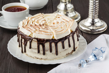 Souffle cake with chocolate sauce and coffee
